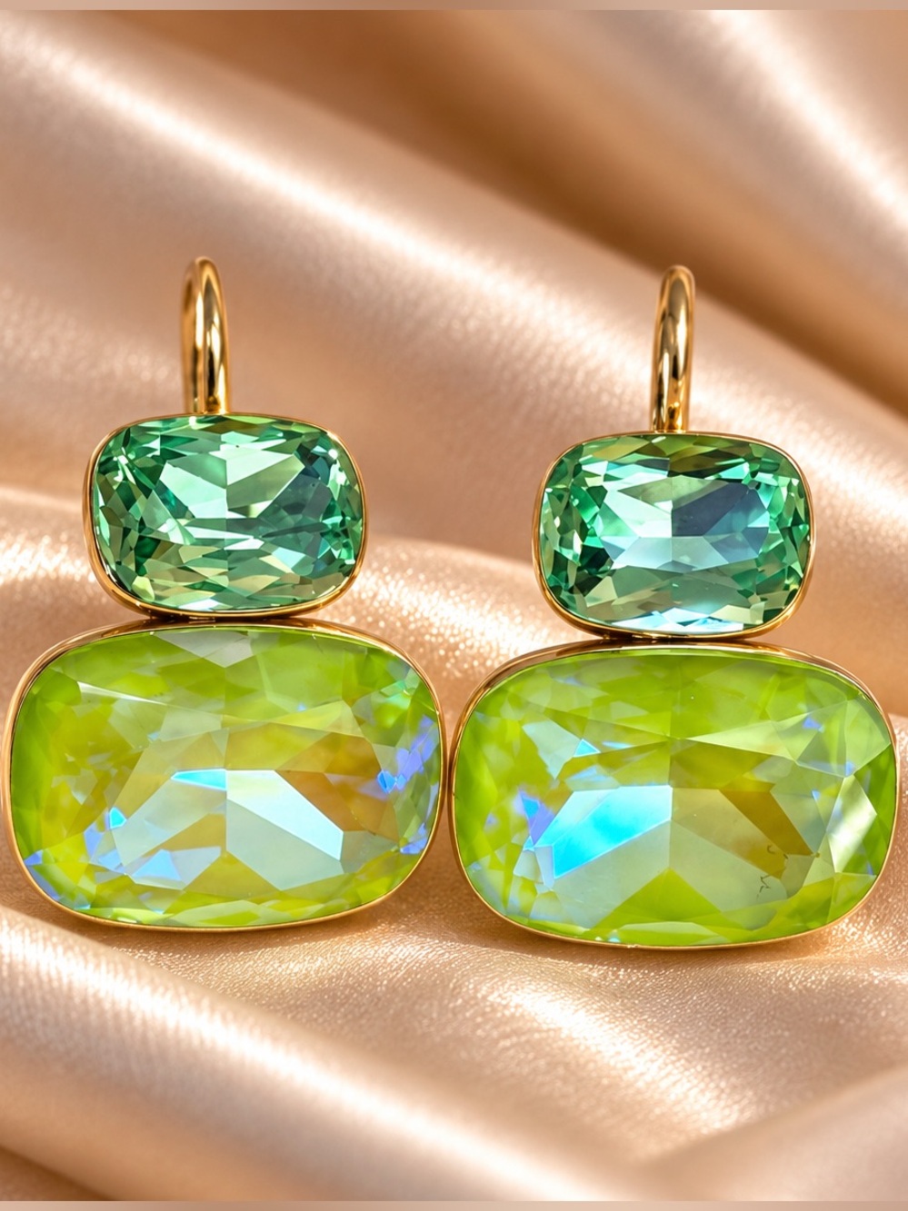 Gold Earrings with Emerald and Lime-Green Crystals